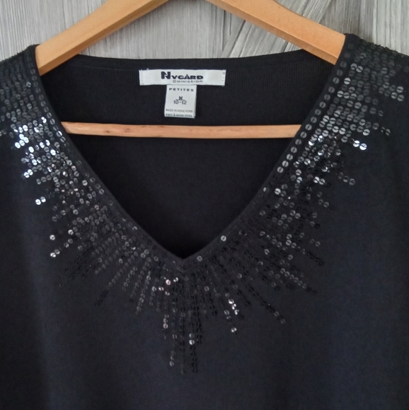Nygard Collection Black V Neck Sequin Sweater M - Picture 3 of 4